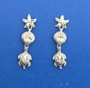 Starfish, Shell, Sea Turtle Post Earring, 14K White Gold