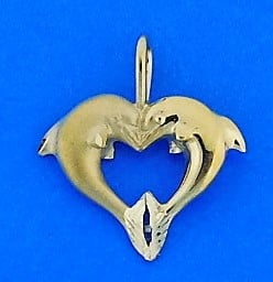 Kissing Dolphins Heart Pendant/Charm, 14K Yellow Gold