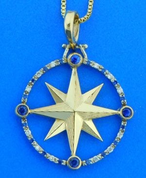 Compass Rose Pendant, 14K Sapphire & Diamonds Large Size