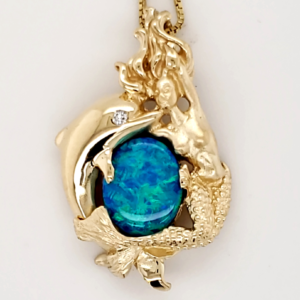 14k steven douglas mermaid and dolphin opal pendant