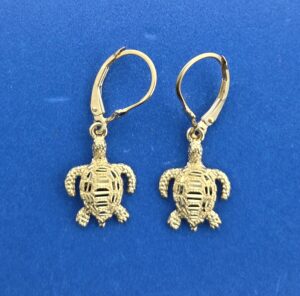 Sea Turtle Lever Back Earrings, 14K