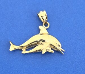 Dolphin Mother And Baby Pendant, 14K Yellow Gold