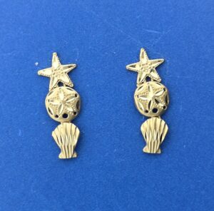 Starfish, Sand Dollar, Shell Post Earring, 14K Yellow Gold