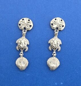 Sea Life Sand Dollar, Sea Turtle, Shell Post Earring, 14K White Gold