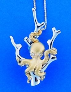 Steven Douglas Octopus On Coral Pendant,  Sterling Silver / 14k
