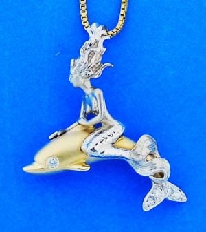 14k Steven Douglas Mermaid Riding A Dolphin Pendant 2-Tone