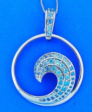 Wave Blue Cz Pendant, Sterling Silver, Large