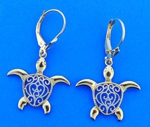 Sea Turtle Dangle Lever Back Earrings, 14k 2-Tone Gold