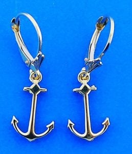 Anchor Dangle Lever Back Earrings, 14k Yellow Gold