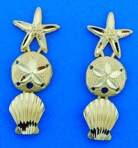 Starfish Sand Dollar Shell Post Dangle Earrings, 14k Yellow Gold