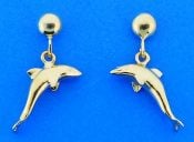 Dolphin 3-D Dangle Post Earring, 14k Yellow Gold