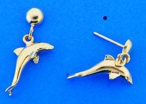 Dolphin 3-D Dangle Post Earring, 14k Yellow Gold