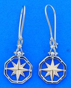 Compass Rose Dangle Shackle Earrings, Sterling Silver/14k