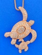 Mother & Baby Sea Turtle Cz Pendant, Rose Gold Over Sterling Silver