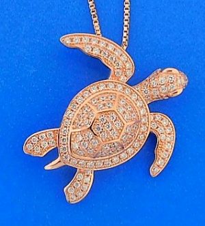 Sea Turtle Cz Pendant, Rose Gold Over Sterling Silver