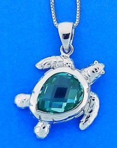 Sea Turtle Blue Crystal Pendant, Sterling Silver