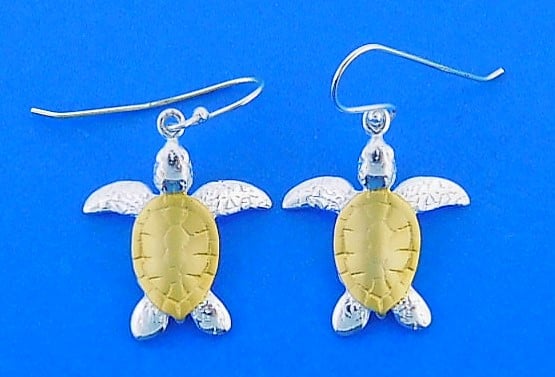 Sea Turtle Fish Hook Earrings, Sterling Silver, 2-Tone