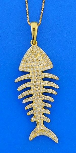 Bone Fish Cz Pendant, Sterling Silver/Gold Plate