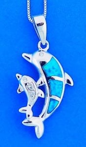 Mother & Baby Dolphin Opal Pendant, Sterling Silver