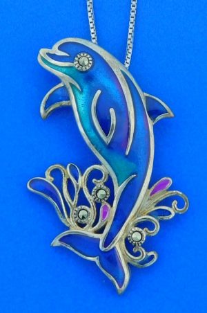 Dolphin Enamel Pendant, Sterling Silver