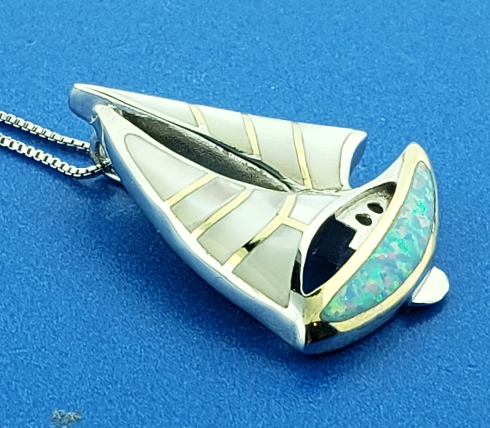 Kovel Sailboat Pendant, Sterling Silver, Opal & Mother of Pearl 5 Kovel Sailboat Pendant, Sterling Silver, Opal & Mother of Pearl - Image 5