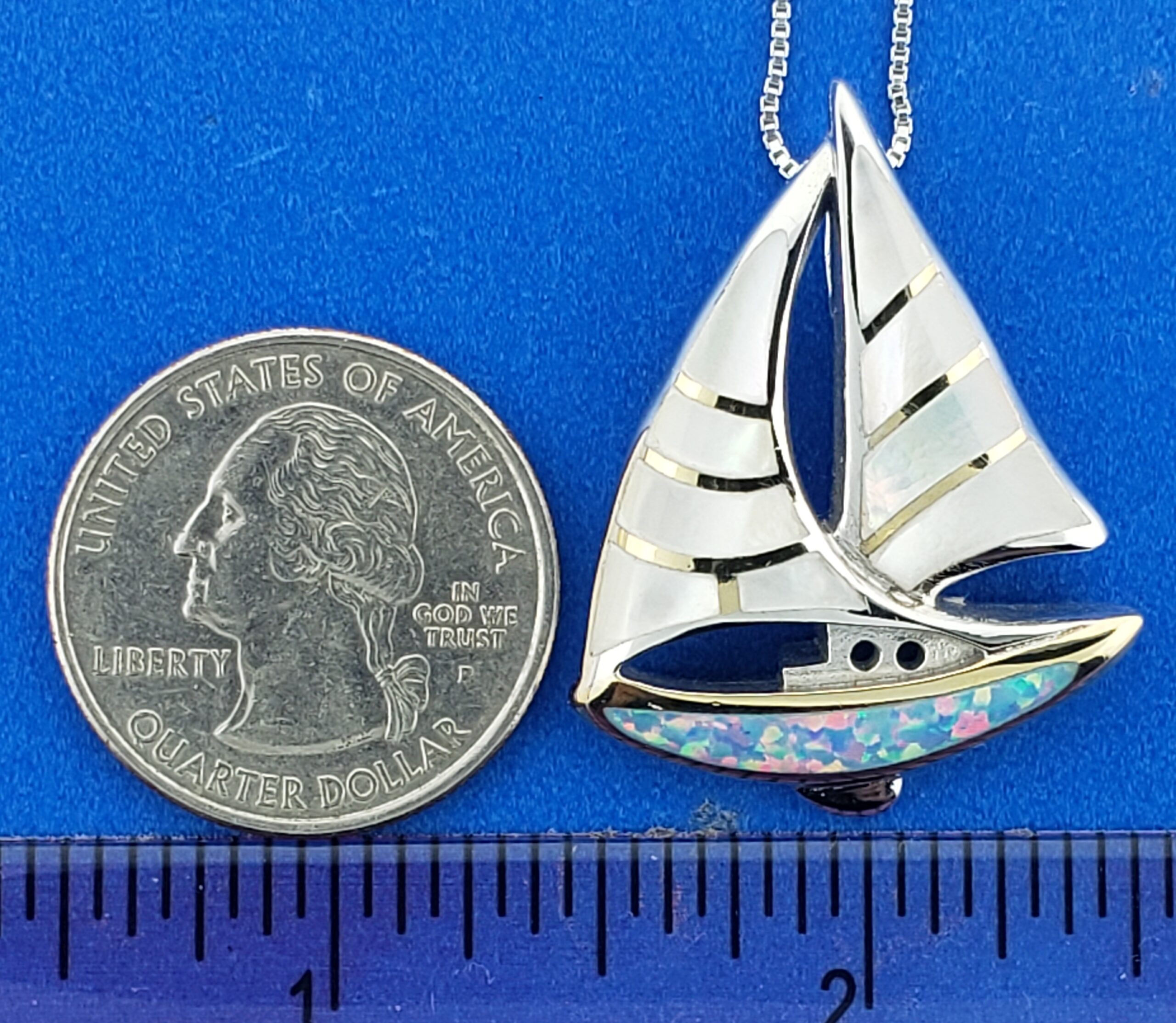 Kovel Sailboat Pendant, Sterling Silver, Opal & Mother of Pearl 3 Kovel Sailboat Pendant, Sterling Silver, Opal & Mother of Pearl - Image 3