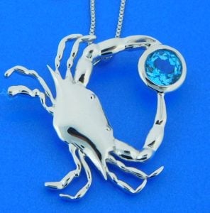 penny james blue crab pendant, sterlin, blue topaz