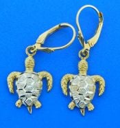 2-tone sea turtle lever back earrings, 14k