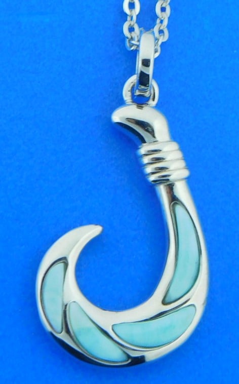 Alamea Fishhook Larimar Pendant, Sterling Silver