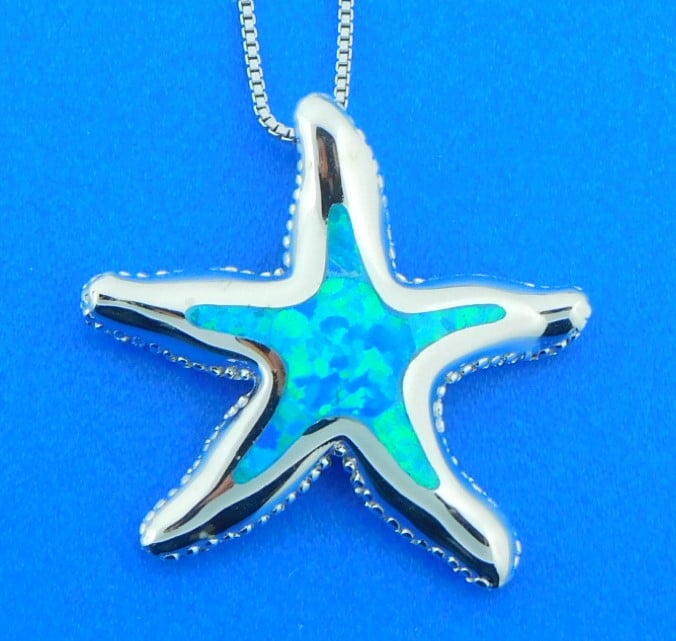 Sterling Silver Curved Whimsical Starfish Pendant White Simulated Opal Charm