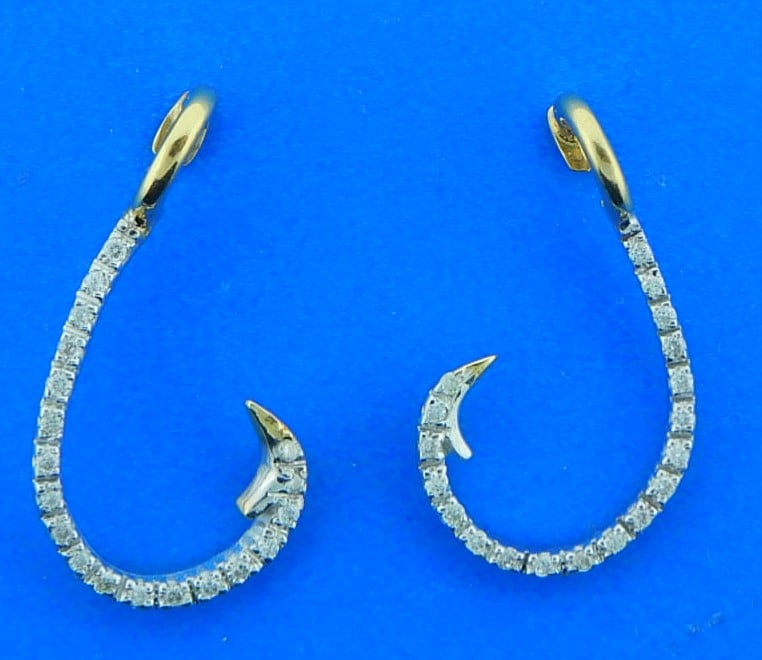 Fish Hook Diamond Earrings, 14K Yellow Gold