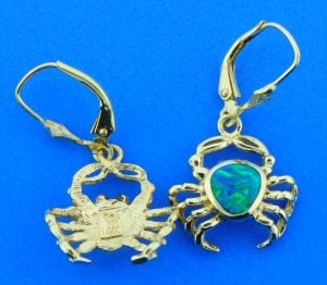 Crab Opal Lever Back Earrings, 14K Yellow Gold