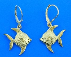 Angel Fish Leverback Earrings, 14K Yellow Gold