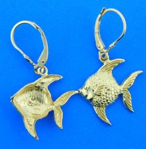 Angel Fish Leverback Earrings, 14K Yellow Gold