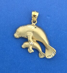 Manatee Mother & Calf Pendant, 14k Yellow Gold