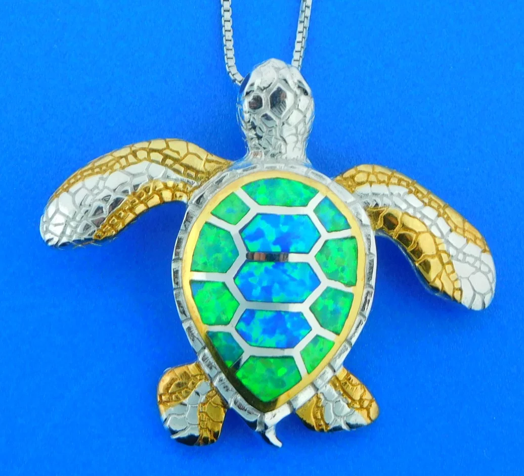 sterling silver sea turtle opal pendant