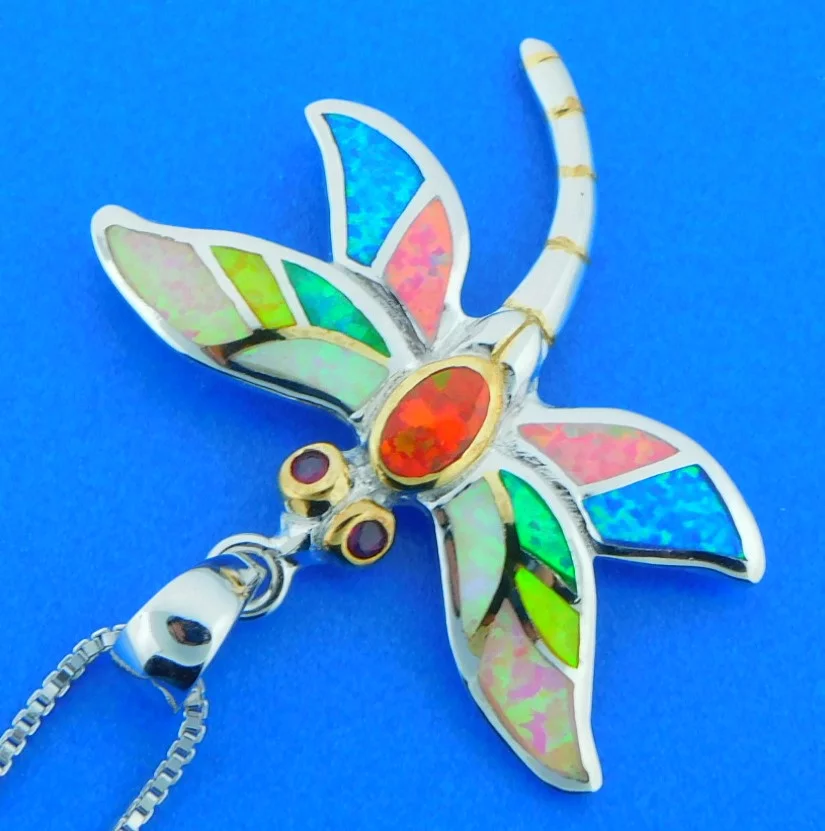 sterling silver dragonfly opal pendant