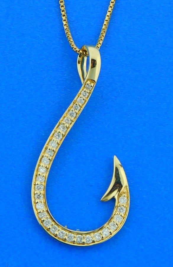 14k Gold Hawaiian Fish Hook Pendant with Diamond or Zirconia