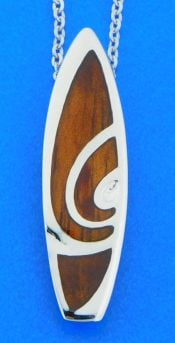 sterling silver and koa wood surfboard pendant