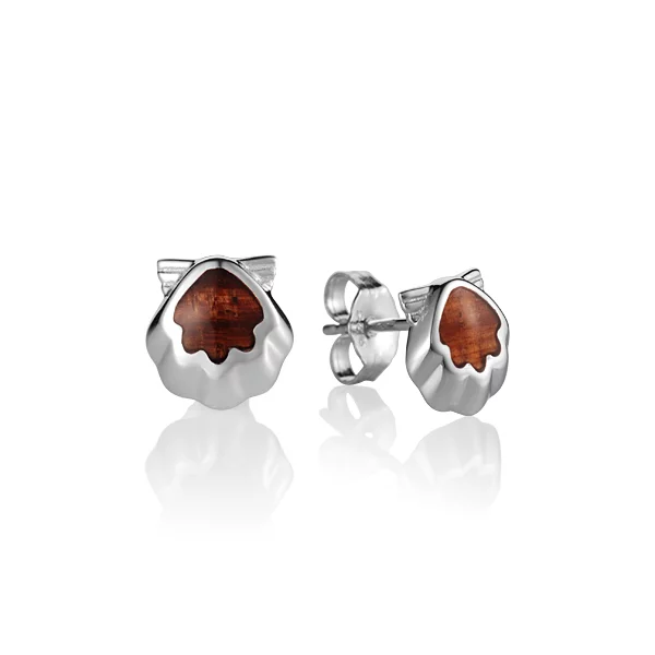 sterling silver scallop shell koa wood earrings