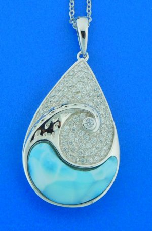 alamea 925 sterling silver rhodium plated Wave Pendant, blue larimar ocean and sterling silver wave accented with clear czs 18" sterling silver cable chain is included 22mm x 36mm
