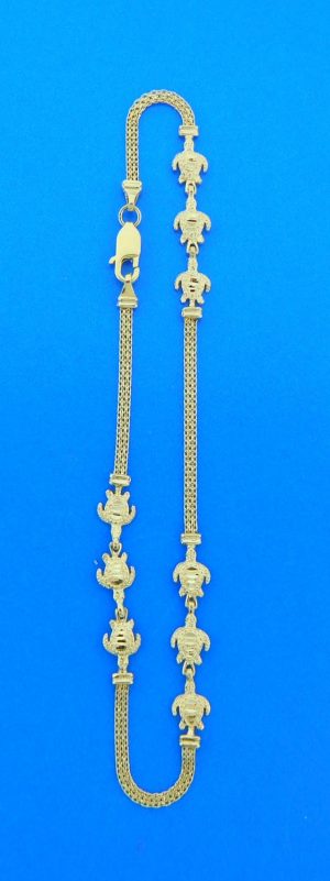 3 sections of 3 sea turtles 1.25'' x .25'' separated with sections of 14k yellow gold bismark chain 10'' long 14k yellow gold