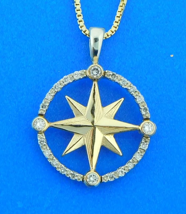 Compass Rose Pendant, 14K Diamond Small Size 1 14k compass rose diamond pendant