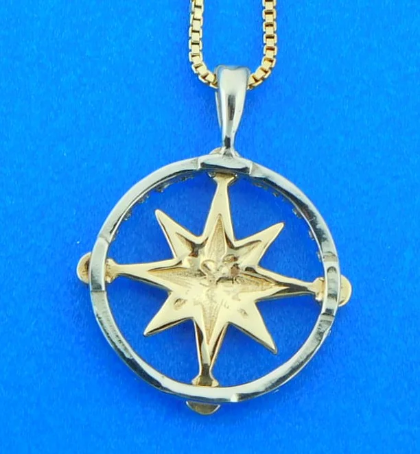 Compass Rose Pendant, 14K Diamond Small Size 2 14k compass rose diamond pendant