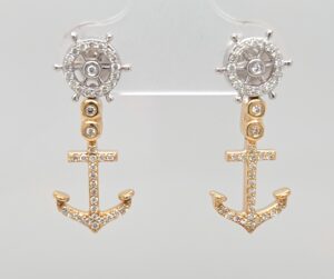 Anchor Ship Wheel Post Earring, 14K 2-Tone