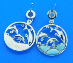 sterling silver swimming dolphin larimar earrings