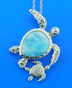sterling silver & larimar sea turtle mom & baby pendant