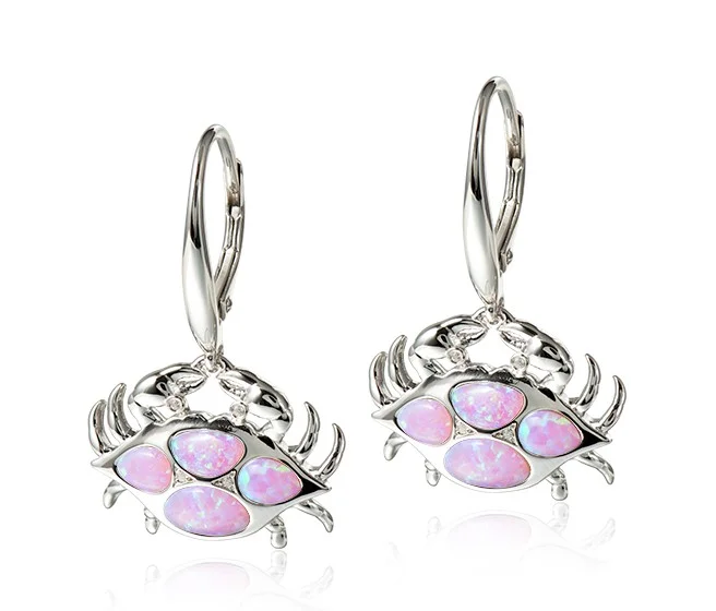 Alamea Crab Earrings, Sterling Silver & Pink Opals 3 sterling silver opal crab lever back earrings