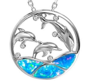 sterling silver swimming dolphin opal pendant