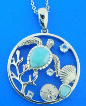 sterling silver sea turtle and sealife pendant